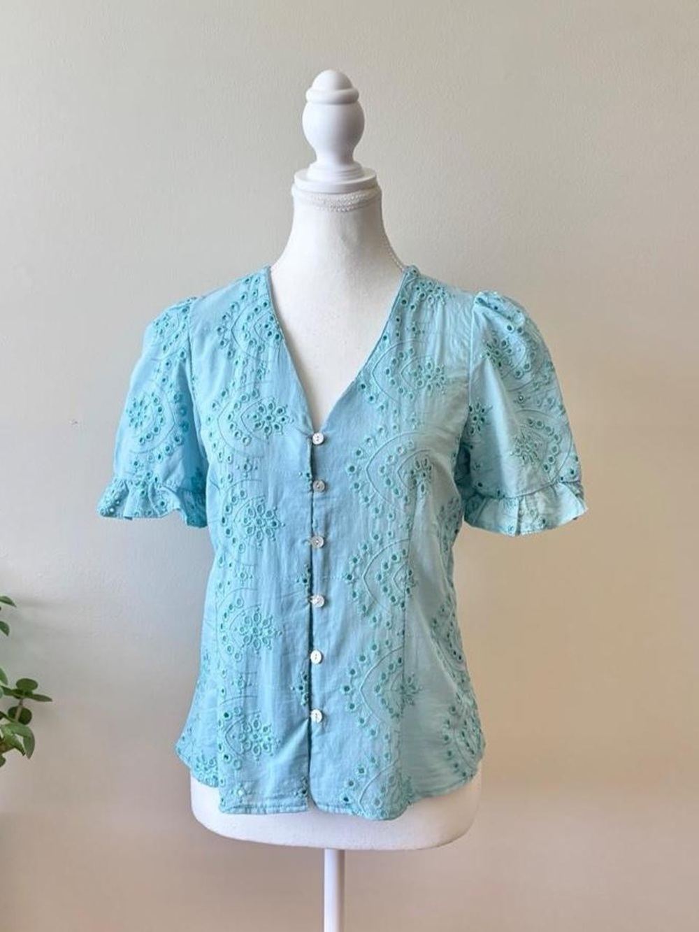 Eyelet Button-Front Short Sleeve Blouse